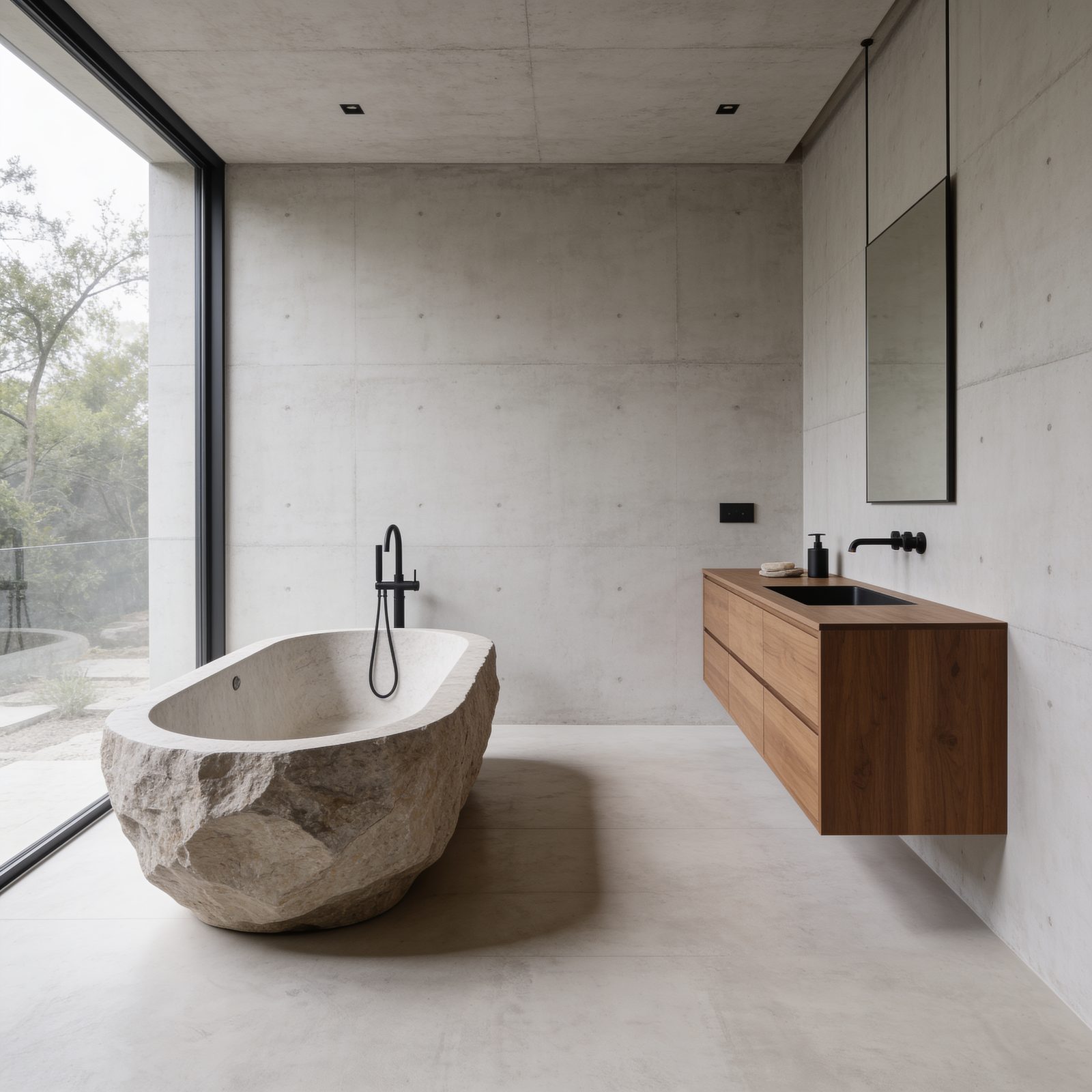 Baño de lujo con bañera de piedra natural y microcemento