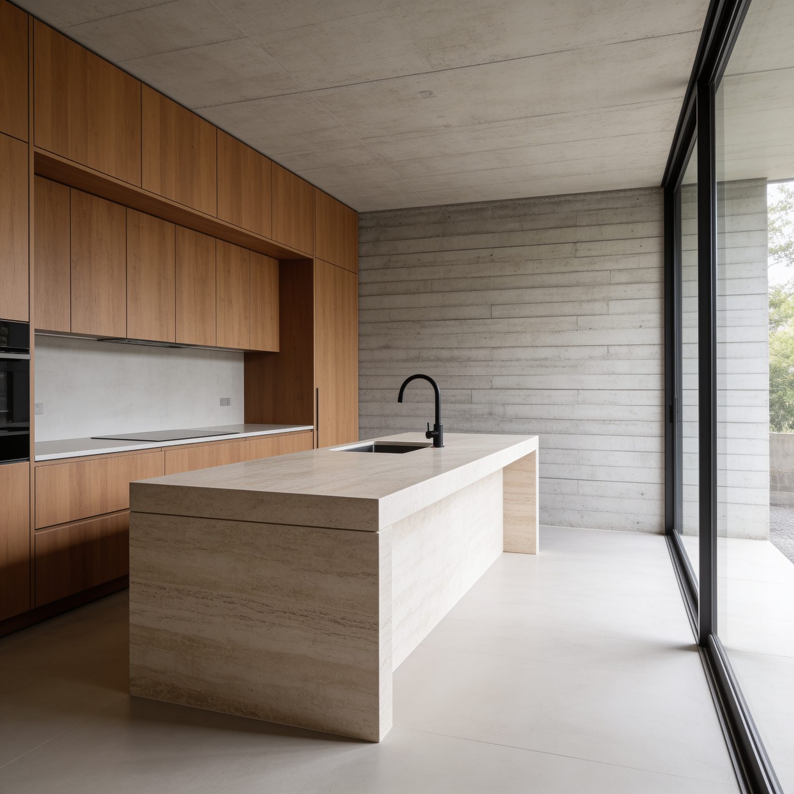 Cocina de diseño con isla de travertino y frentes de madera