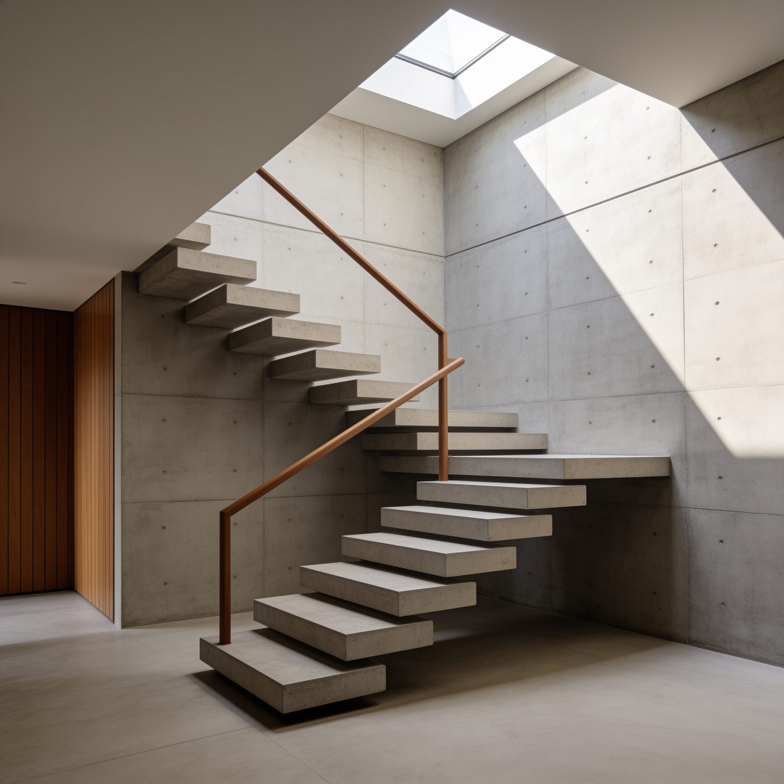Escalera de hormigón flotante con pasamanos de madera