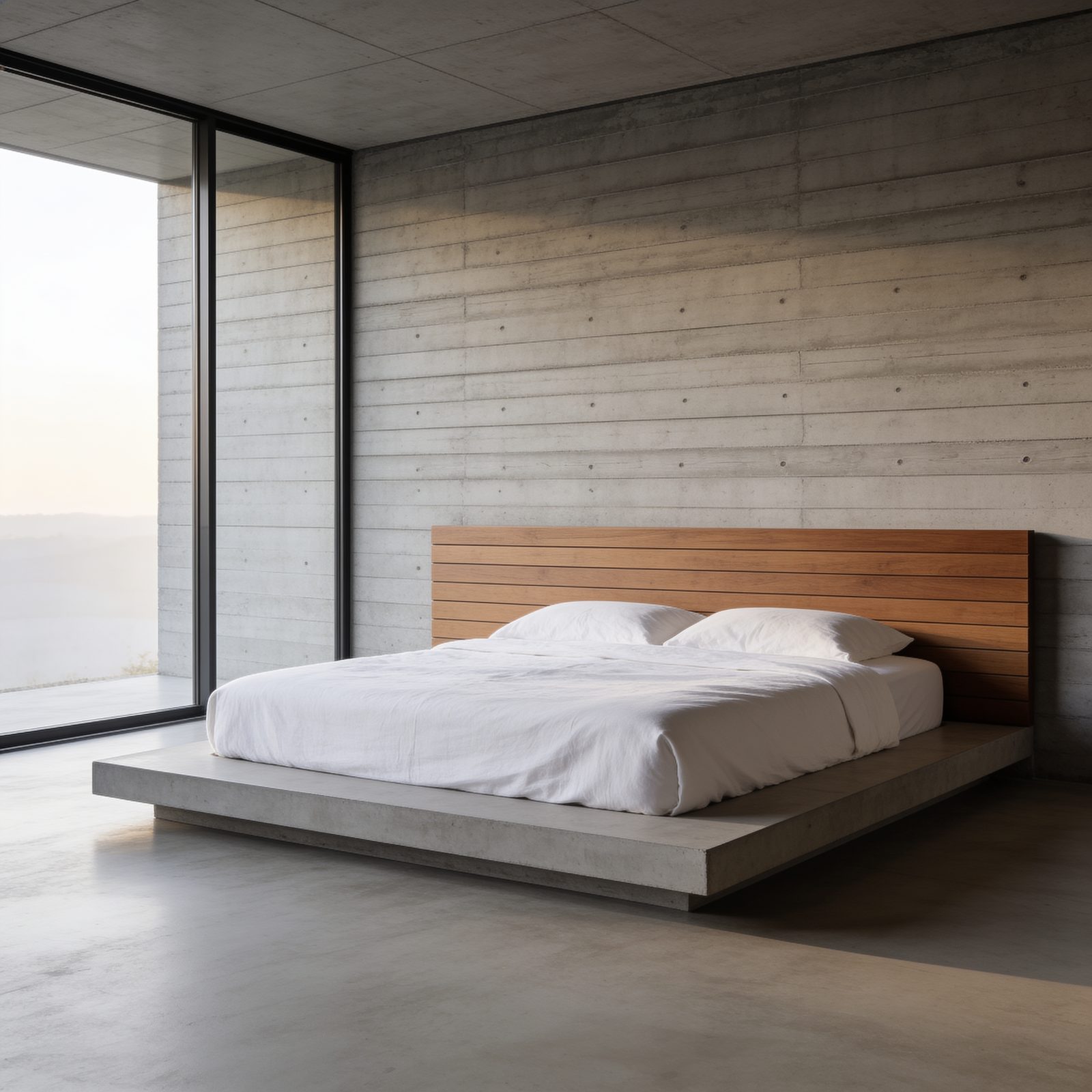 Dormitorio principal de diseño con cabecero de madera y muro de hormigón