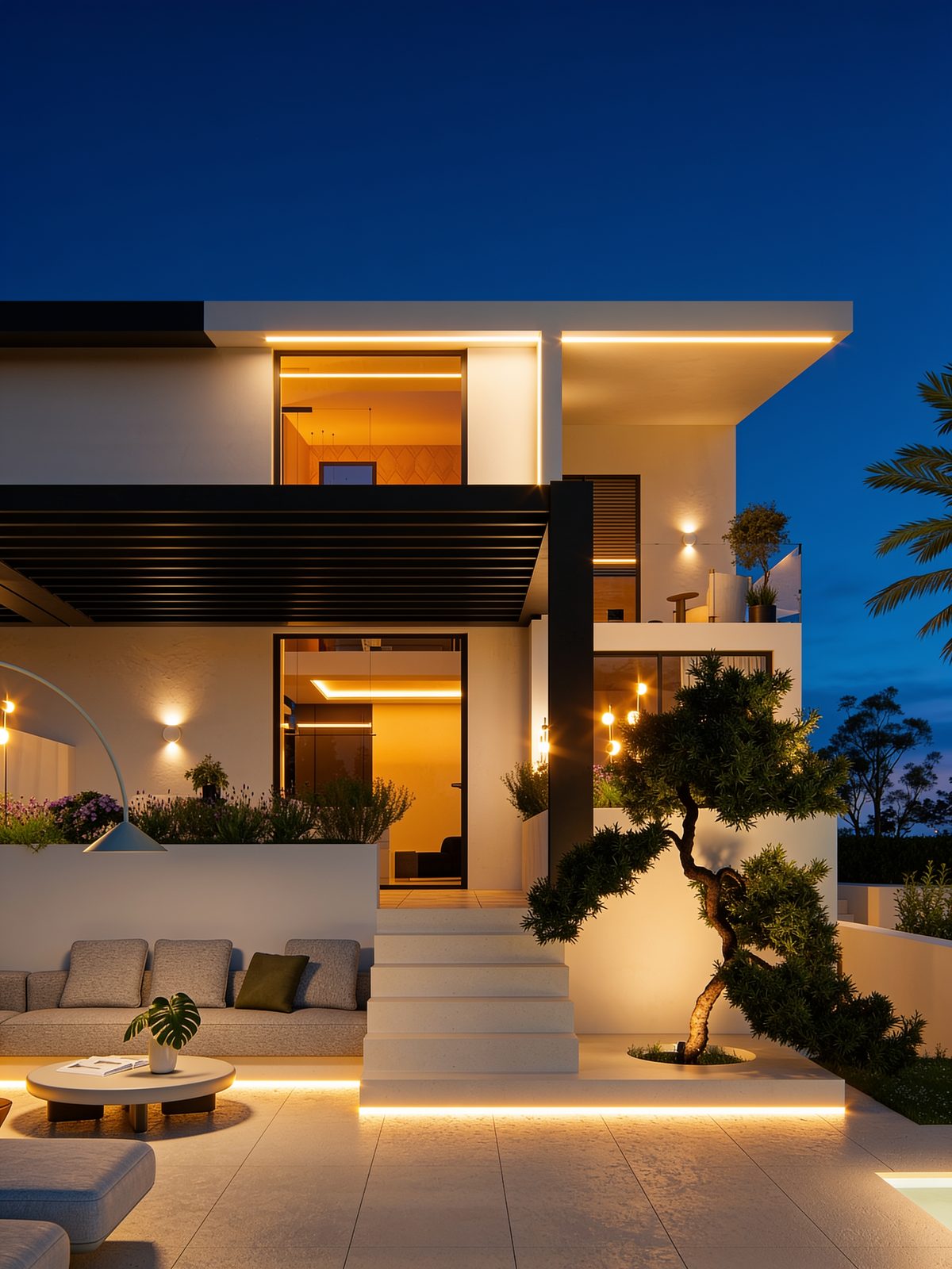 Villa reformada por Óbelon con la fachada iluminada al anochecer
