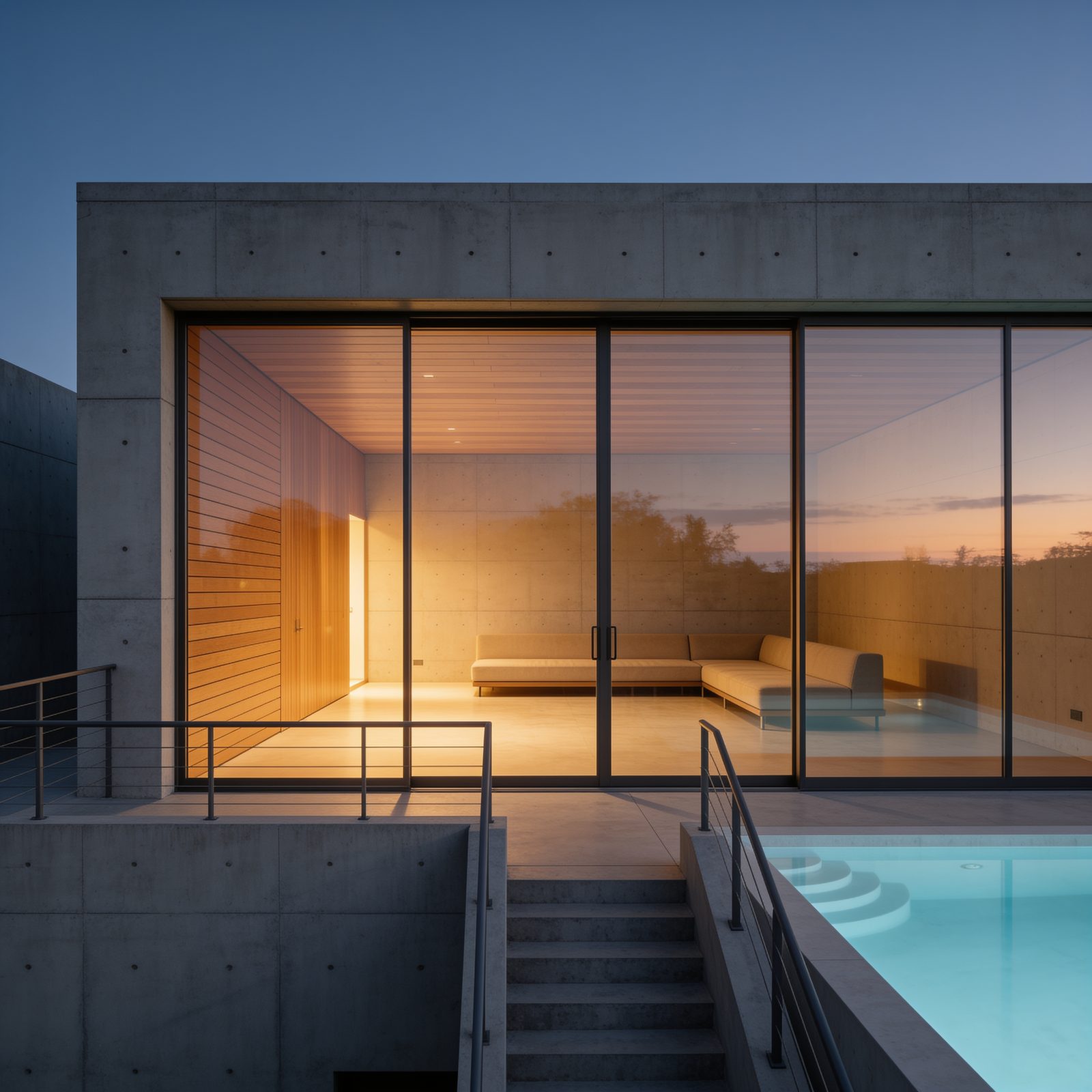 Villa de hormigón con piscina reformada por Óbelon al atardecer